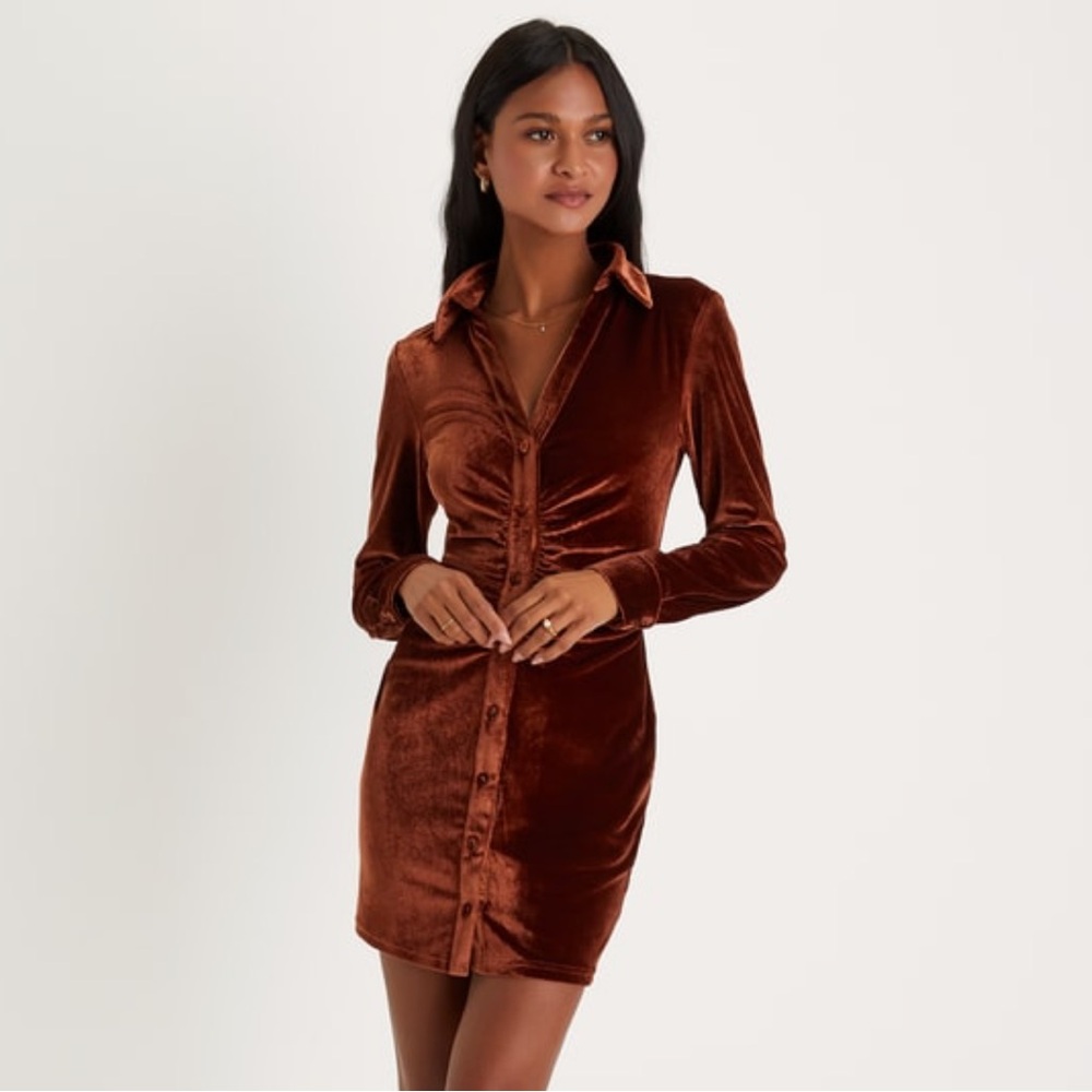 Rust Velvet Button-Up Mini Dress